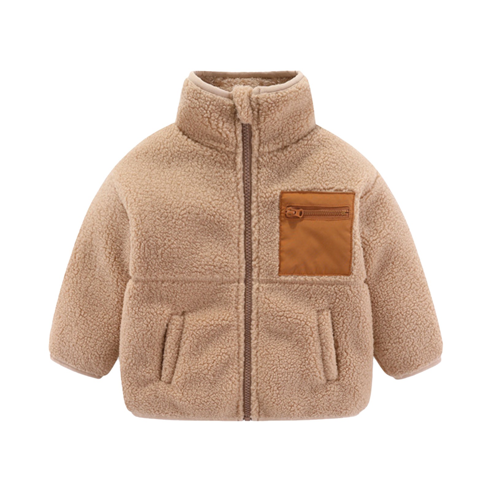 Toddler Fleece Lined Jackets, Baby Boys Girls Long Sleeve Full Zip Jacket No Hood Kids Stand Collar Outerwear Winter Coat Sweaters Tops Beige 5T